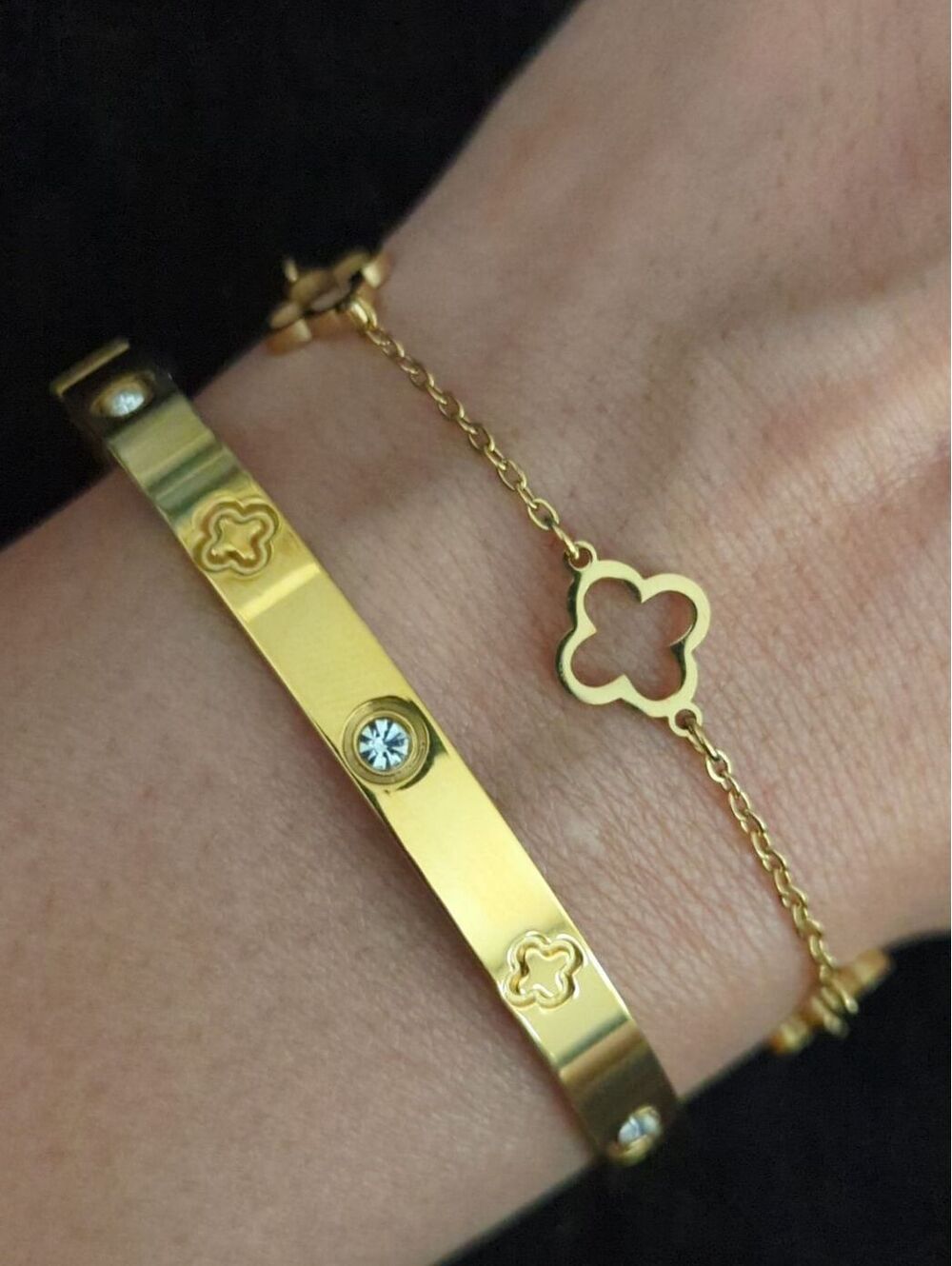 Gold Clover Bracelet Bangle Set 2 Piece Zircon Stainless Steel 18K Gold Plated